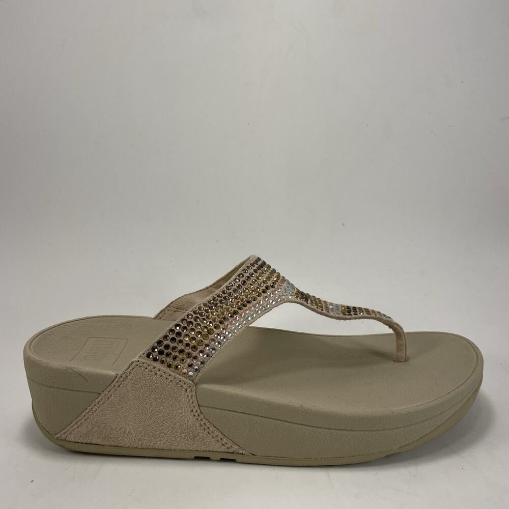 FitFlop Lulu Crystal Womens Size 6 Beige Gold Wedge Flip Flop Sandals Thongs